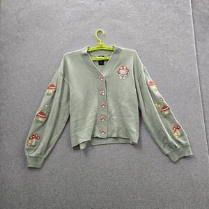 Hello Kitty By Sanrio Women Cardigan S Green Embroidered Graphic Mushroom